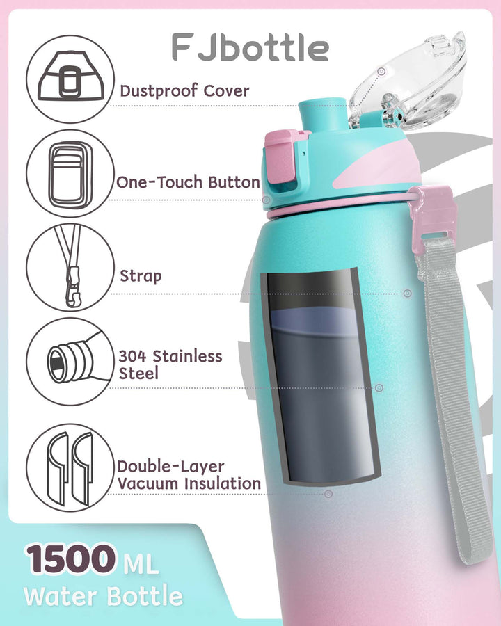 Bouteille d'eau thermos en acier inoxydable de 1 500 ml, bouteille de boisson gazeuse 