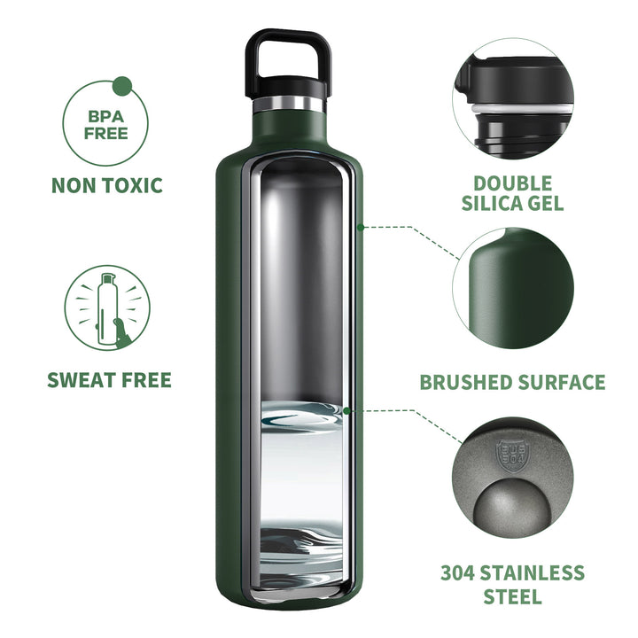 1000ml Thermos Flask Stainless Steel with Carabiner, Carbonated Water Bottle, Black 