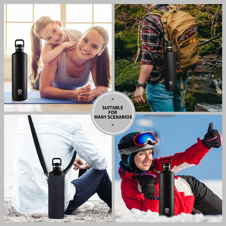 1000ml Thermos Flask Stainless Steel with Carabiner, Carbonated Water Bottle, Black 