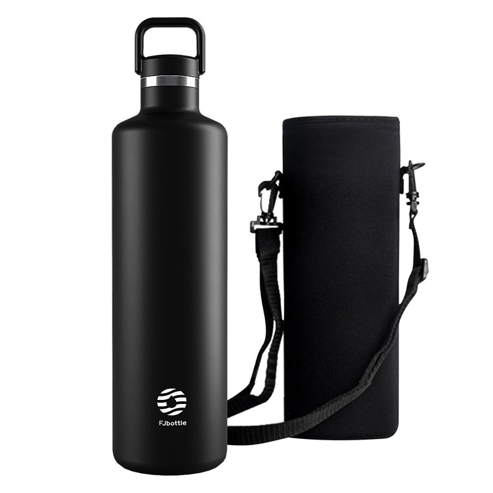 1000ml Thermos Flask Stainless Steel with Carabiner, Carbonated Water Bottle, Black 