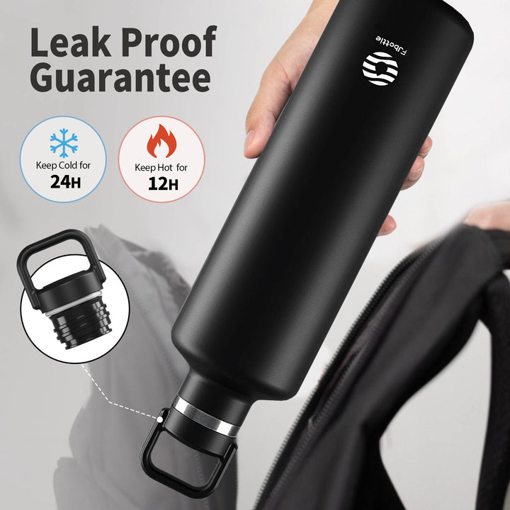 1000ml Thermos Flask Stainless Steel with Carabiner, Carbonated Water Bottle, Black 