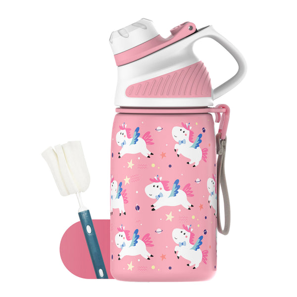 Bouteille d'eau thermos de 400 ml pour enfants avec couvercle magnétique, bouteille d'eau gazeuse, licorne rose 