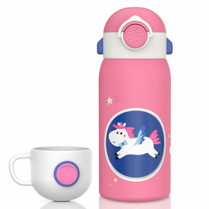 Clearance sale, 600ml stainless steel drinking bottle for children with straw and double lid, white dinosaur