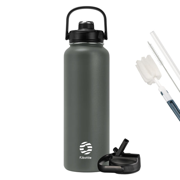 1200ml Thermoskanne Trinkflasche aus Edelstahl mit Strohhalm, 2xDeckeln, Kohlensäure geeignet Wasserflasche, Grau