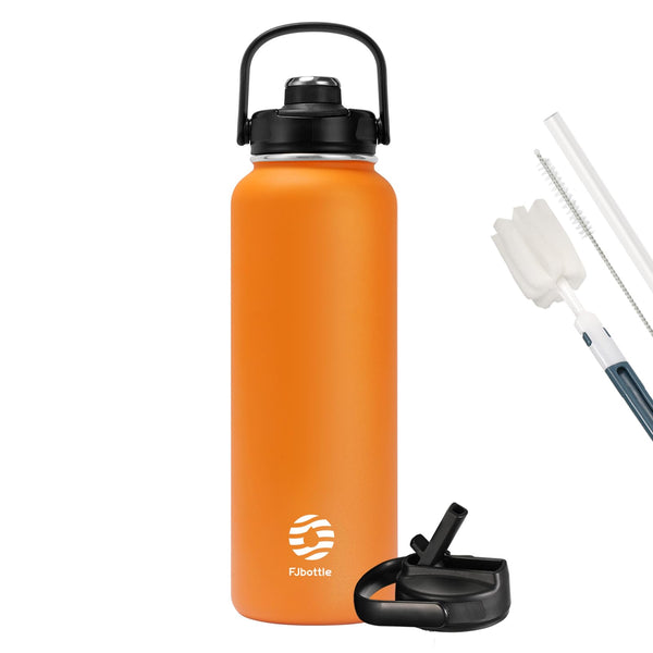 1200ml Thermoskanne Trinkflasche aus Edelstahl mit Strohhalm, 2xDeckeln, Kohlensäure geeignet Wasserflasche, Orange