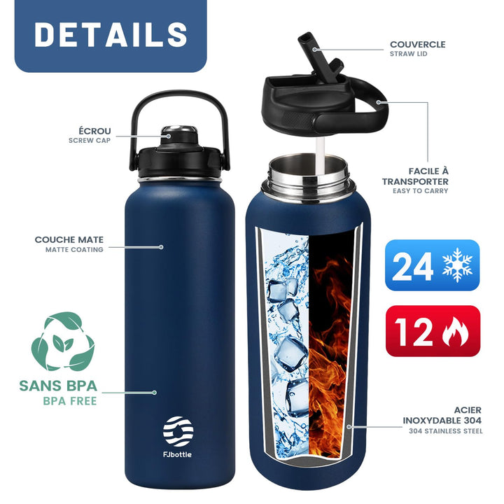 1000ml Thermos Flask Stainless Steel Water Bottle with Magnetic Lid, Carbonated Water Bottle, Blue 