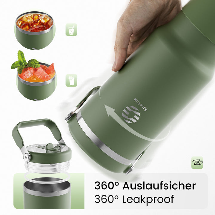 1200ml Thermoskanne Trinkflasche aus Edelstahl mit Strohhalm, Kohlensäure geeignet Wasserflasche