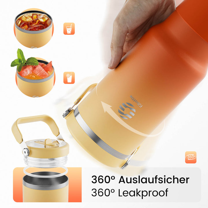 1200ml Thermoskanne Trinkflasche aus Edelstahl mit Strohhalm, Kohlensäure geeignet Wasserflasche