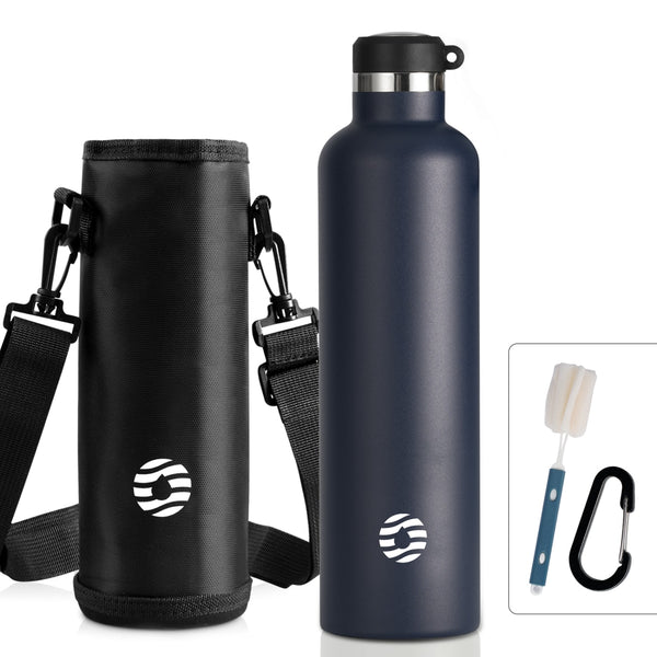 Räumungsverkauf, 1000ml Thermoskanne Trinkflasche Edelstahl mit Karabiner, Kohlensäure geeignet Wasserflasche, Blau