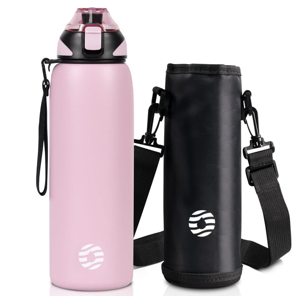 Räumungsverkauf, 1000ml Edelstahl Thermoskanne Wasserflasche mit Tragetasche, Kohlensäure geeignet Trinkflasche, Rosa