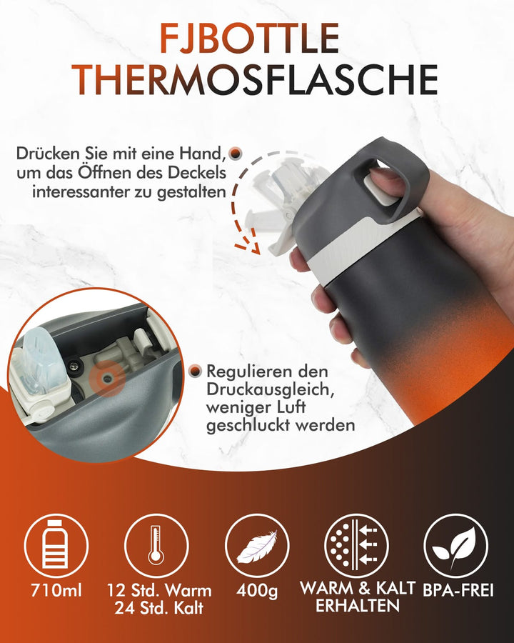 Clearance Sale, 710ml Insulated Stainless Steel Water Bottle with Straw, Black &amp; Orange