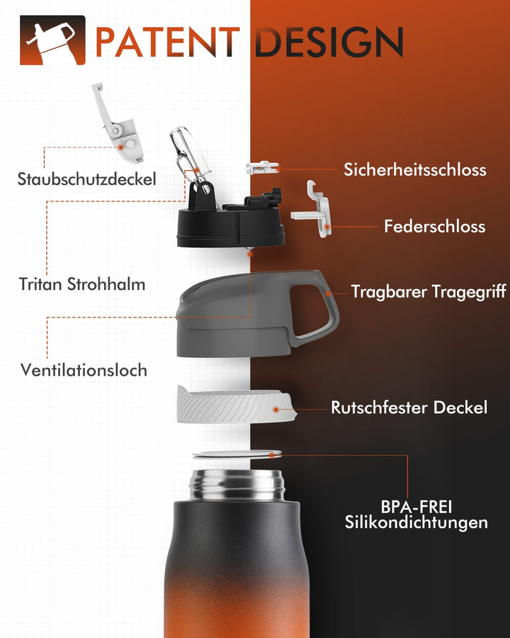 Clearance Sale, 710ml Insulated Stainless Steel Water Bottle with Straw, Black &amp; Orange