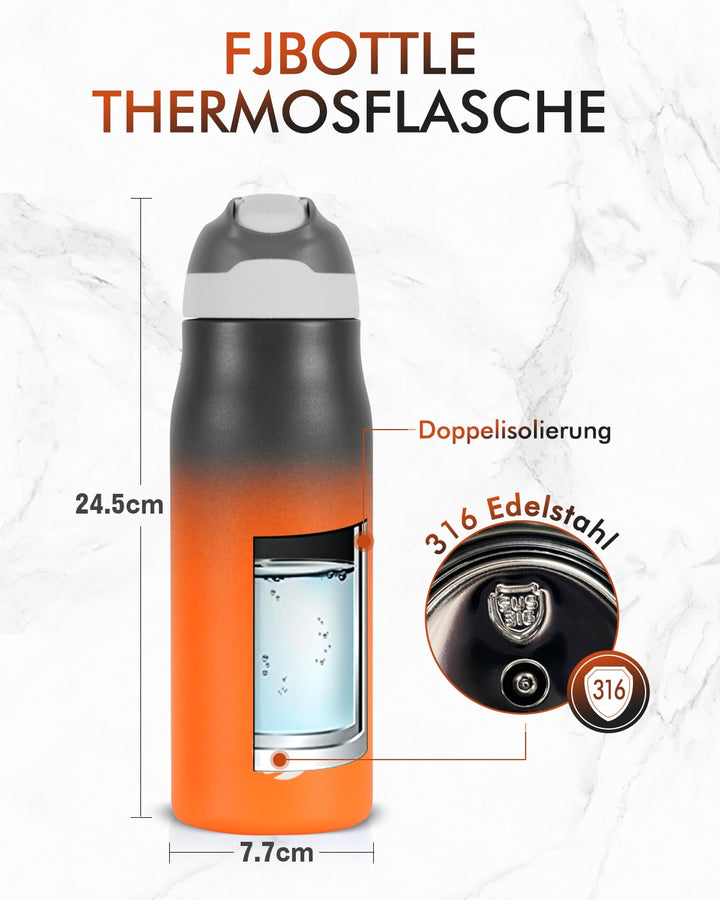Clearance Sale, 710ml Insulated Stainless Steel Water Bottle with Straw, Black &amp; Orange