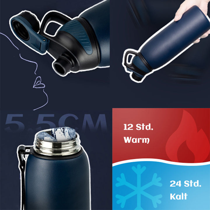 1000ml Thermoskanne Trinkflasche aus Edelstahl mit Magnetischem Deckel, Kohlensäure geeignet Wasserflasche, Blau