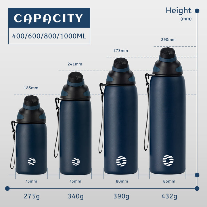 Bouteille d'eau isotherme en acier inoxydable avec couvercle magnétique, bouteille d'eau gazeuse, bleu, 1 000 ml 