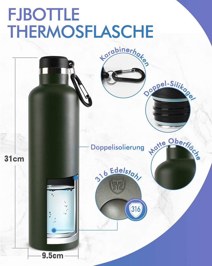 Double Großer Öffnung Thermoskanne 1000ml, Mit Stofftasche, Dunkelgrün