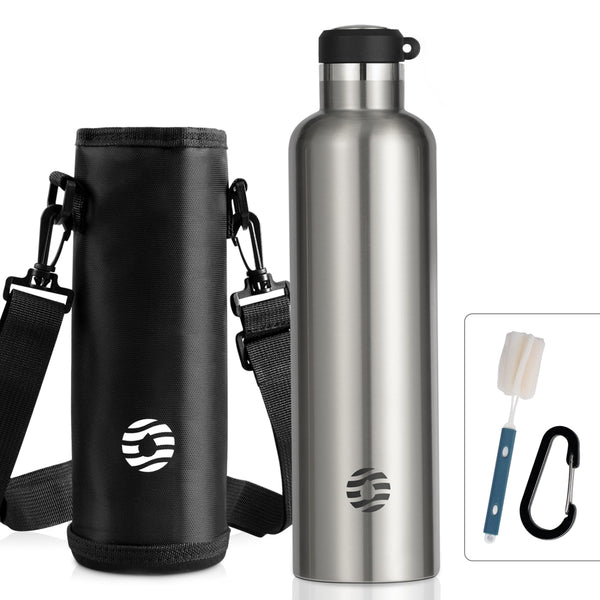 1000ml Thermos Flask Stainless Steel with Carabiner, Carbonated Water Bottle, Silver 