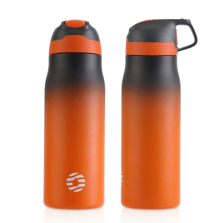 Isolierte Edelstahl Trinkflasche mit Strohhalm 710ml - Schwarz & Orange - FJBottle-German