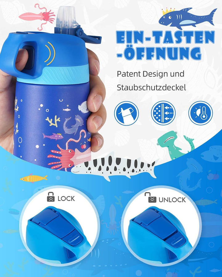 Kinder Edelstahl Trinkflasche 350ml mit Strohhalm & Becher bürste, Blauer Ozean - FJBottle