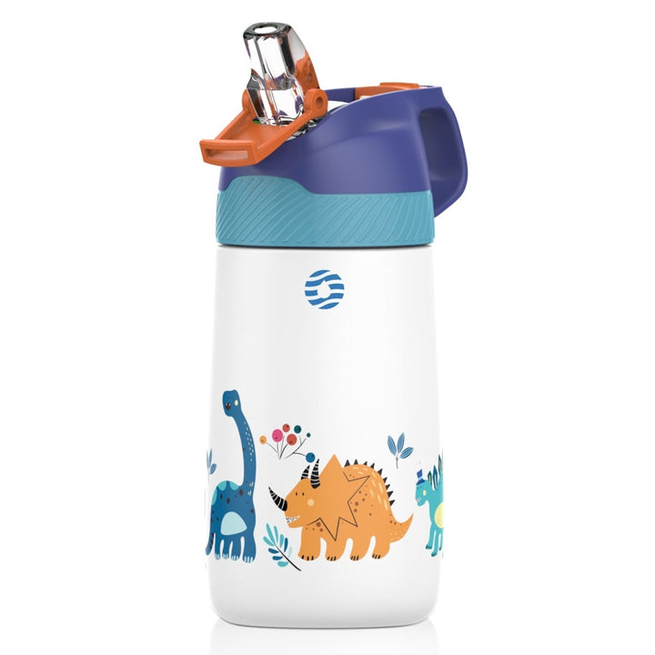 Kinder Edelstahl Trinkflasche 350ml mit Strohhalm & Becher bürste, Jungle Dinosaur - FJBottle-German