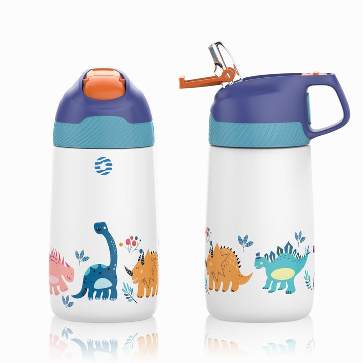 Kinder Edelstahl Trinkflasche 350ml mit Strohhalm & Becher bürste, Jungle Dinosaur - FJBottle-German