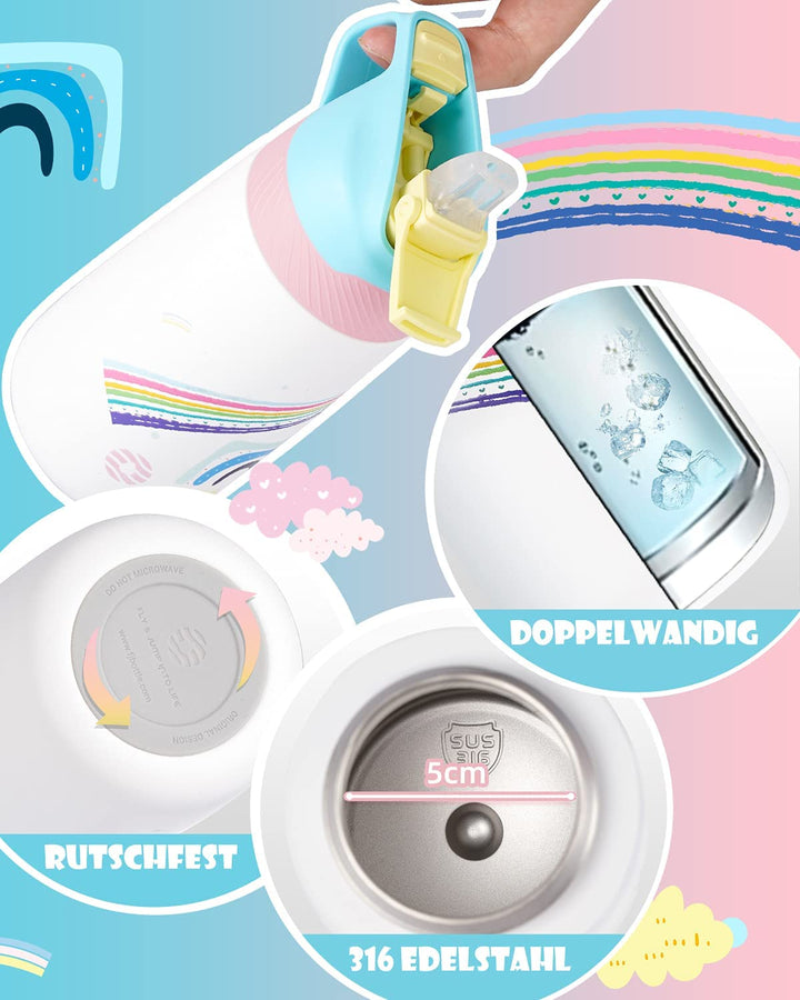 Kinder Edelstahl Trinkflasche 350ml mit Strohhalm & Becher bürste, Regenbogen - FJBottle