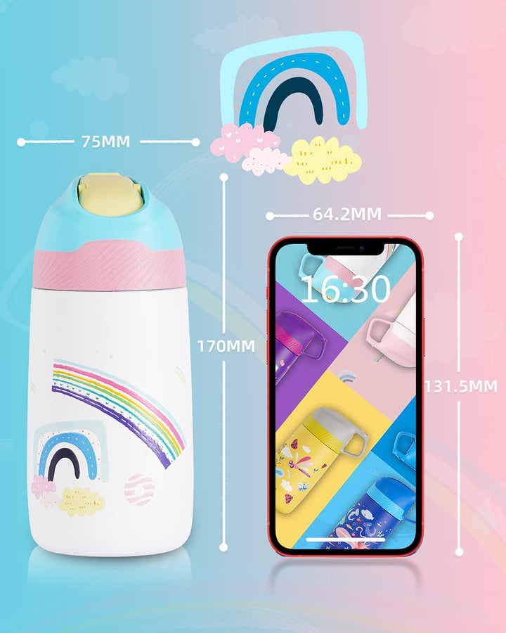 Kinder Edelstahl Trinkflasche 350ml mit Strohhalm & Becher bürste, Regenbogen - FJBottle