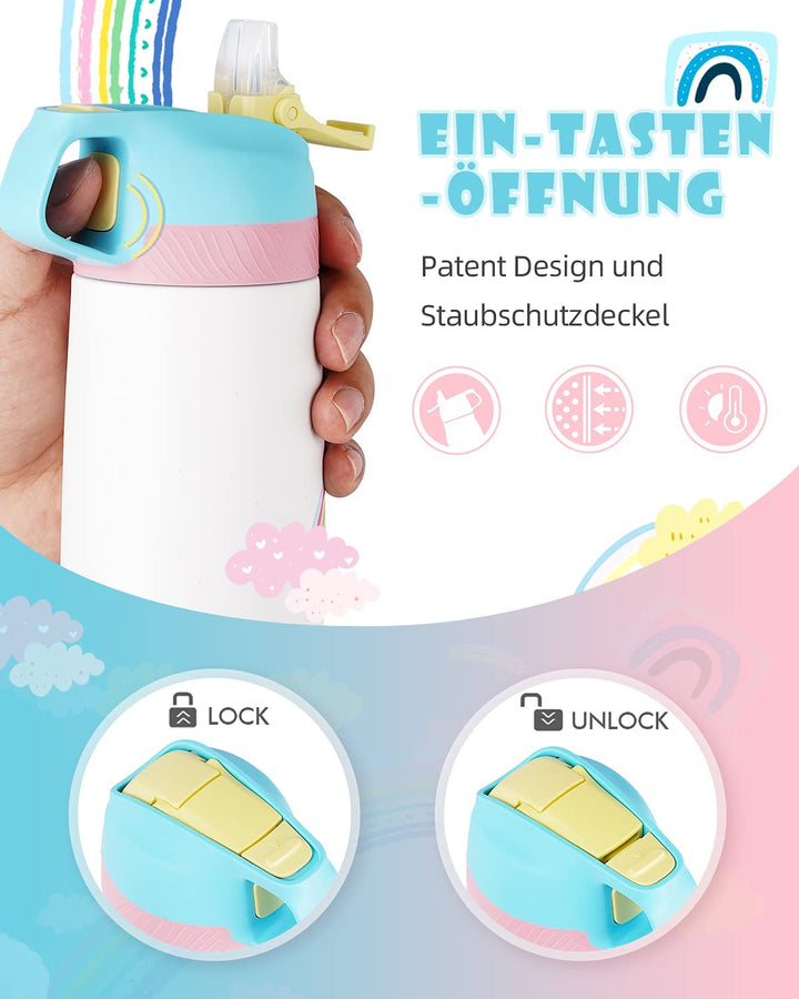 Kinder Edelstahl Trinkflasche 350ml mit Strohhalm & Becher bürste, Regenbogen - FJBottle