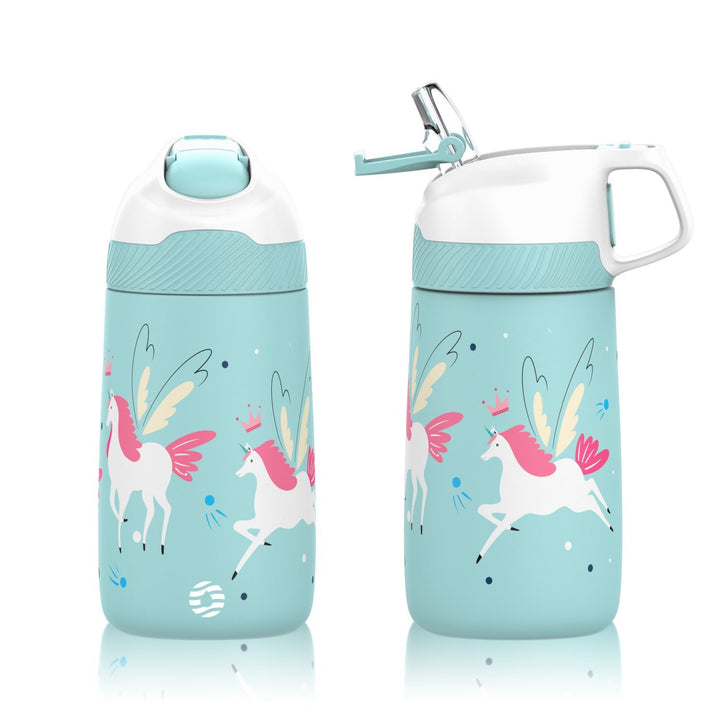 Kinder Edelstahl Trinkflasche 350ml mit Strohhalm & Becher bürste, Winter Einhörner - FJBottle