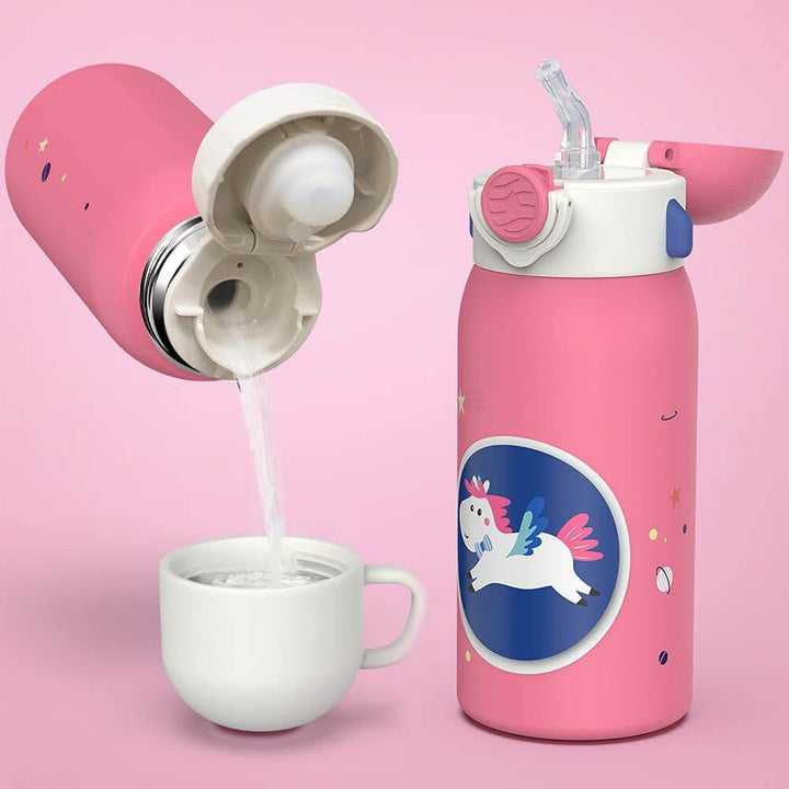 FJBottle Vakuum Isolierte Trinkflasche für Kinder 600 ml, mit 2 Deckeln & Strohhalm- Rosa